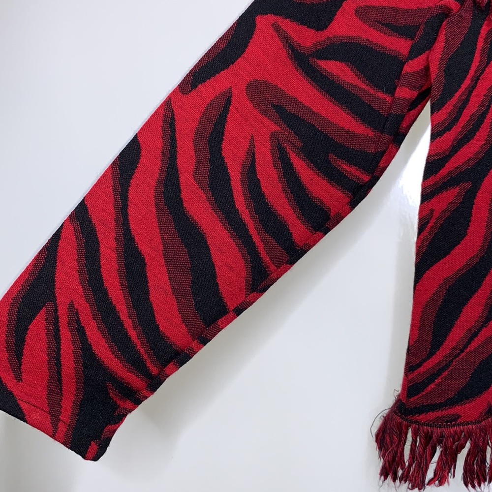 Chicos Red Black Zebra Pattern Fringe Open Cardi - image 4